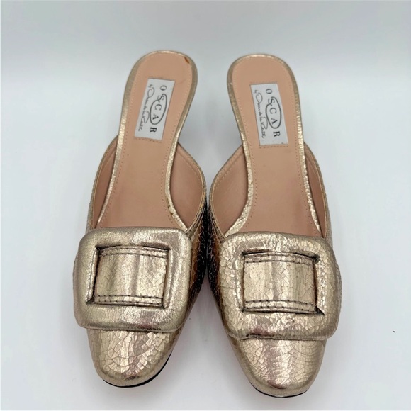 Oscar de la Renta Kitten Heel Mules size 8 champagne gold buckle elegant slip on - Picture 1 of 10